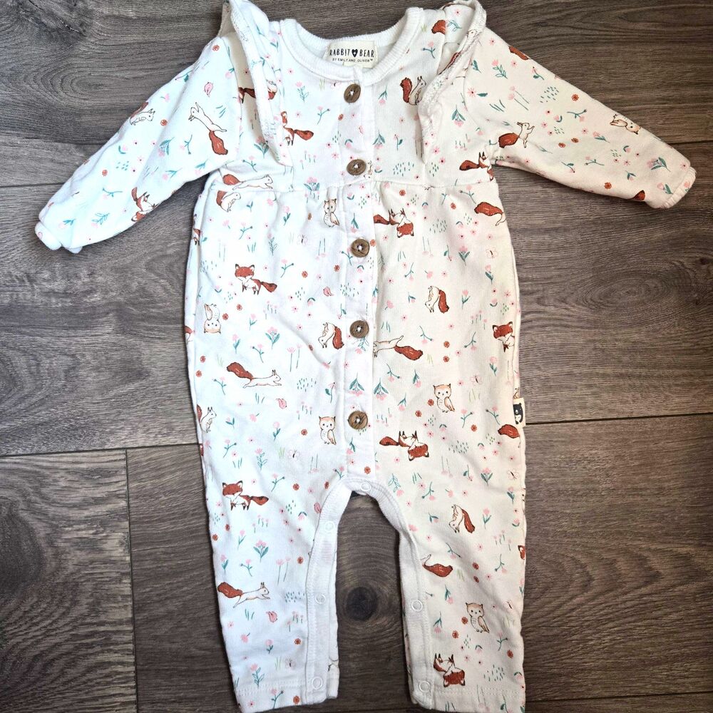 Rabbit Bear Organic Cotton Girl 0-3M Romper Woodland Fox Owl Floral Cottagecore